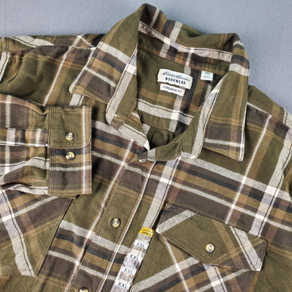 Eddie Bauer Workwear Foreman Fit Flannel Shirt XXL Olive Brown Plaid